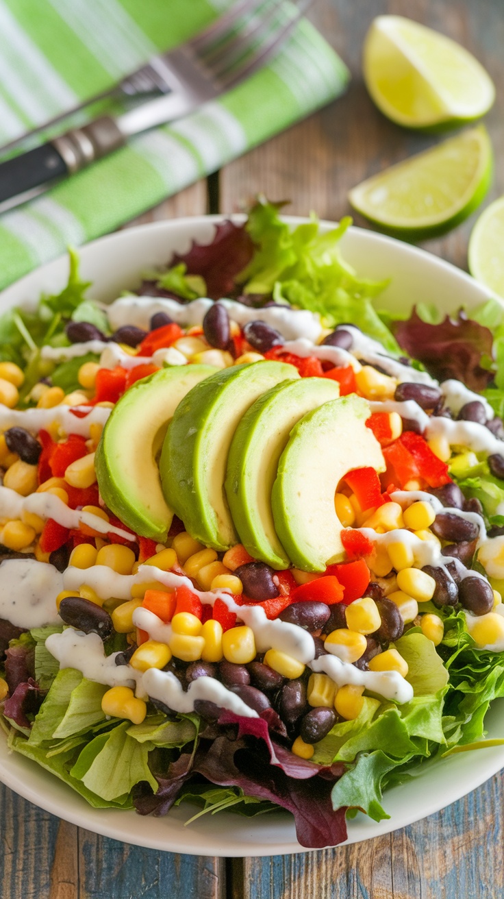 A vibrant Southwestern salad with mixed greens, black beans, corn, red bell pepper, and avocado, drizzled with cilantro lime dressing.